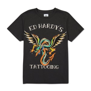 Ed Hardy Rhinestone Dragon Wings Miesten T Paidat Mustat | 1823649-PJ