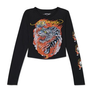 Ed Hardy Rhinestone Flaming Tiger Long Sleeve Baby Tee Naisten Baby Tees Mustat | 5208769-KQ