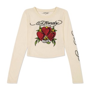 Ed Hardy Rhinestone Long Sleeve Hearts Baby Tee Naisten Baby Tees Valkoinen | 0683245-CE