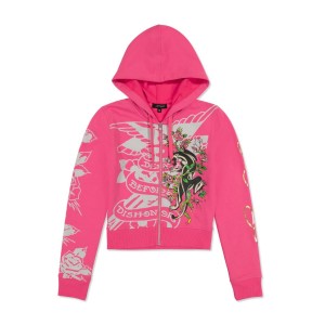 Ed Hardy Tiger Crown Zip Fleece Hoodie Naisten Huppari Pinkki | 8201453-FP