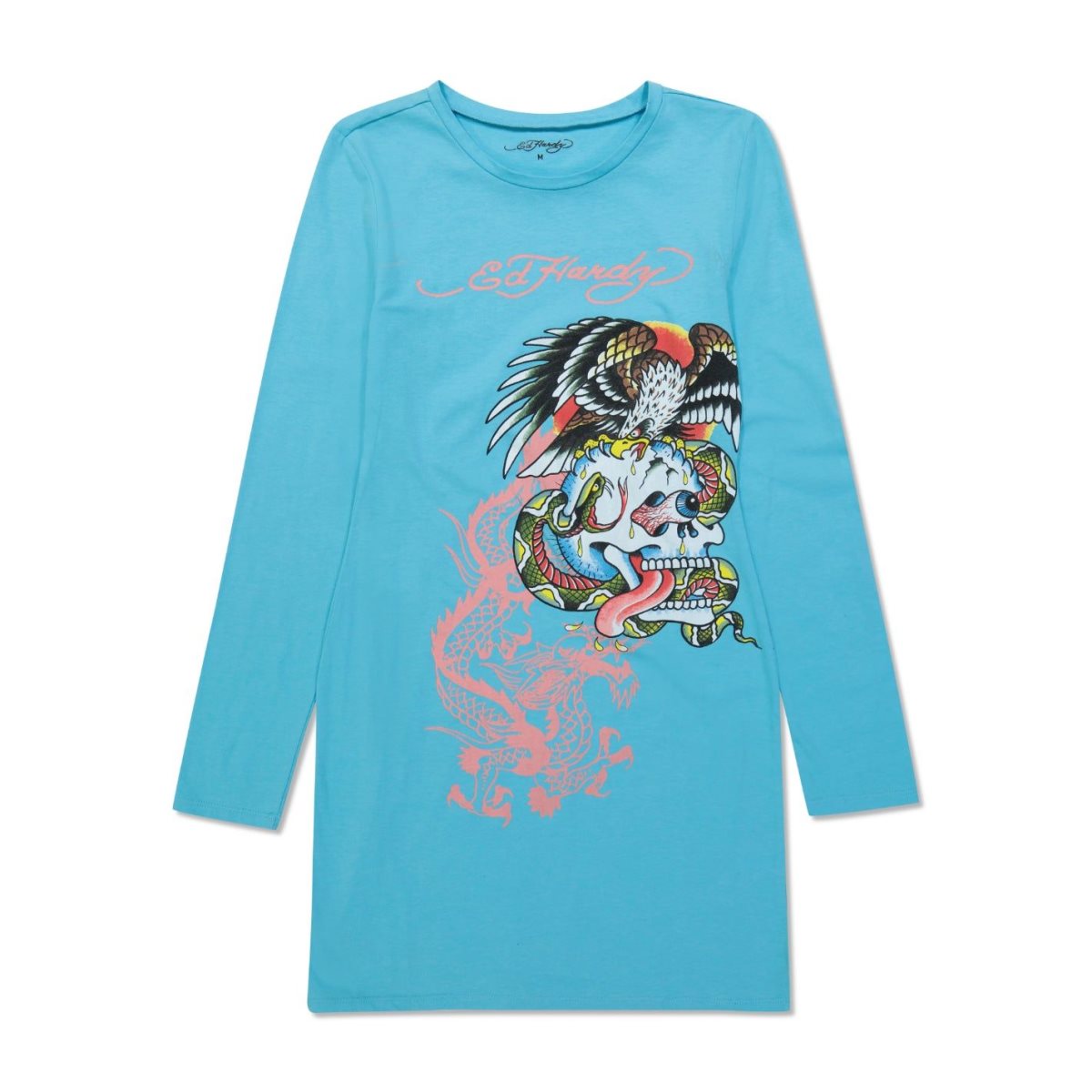 Ed Hardy Battle Skull Baby Tee Long Sleeve Dress Naisten Mekko Vaaleanturkoosi | 0326479-VL